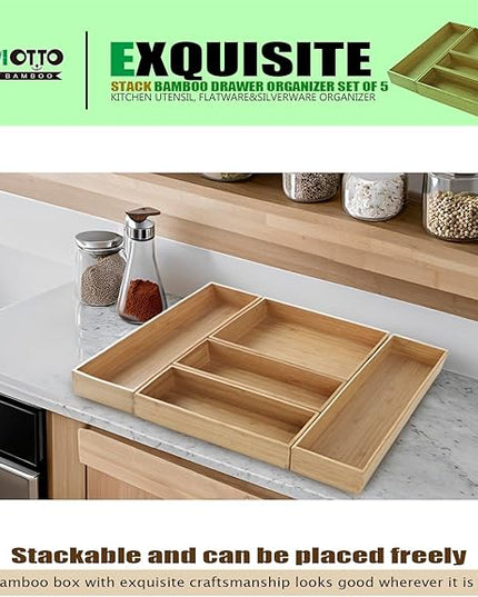 Stack Bamboo Drawer Organizer Set of 5, Kitchen Utensil, Flatware&Silverware Organizer-Wood Laminated Stackable for Kitchen, Bedroom, 13.4''x4.5''*2+10.2''x3.3''*2+10.2''x6.7''*1