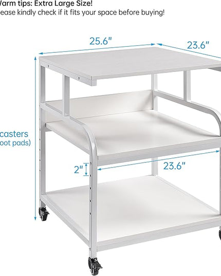 Printer Stand, 25.6" x 23.6" x 30.9" Extra Large Printer Table with Adjustable Storage Shelf, 3 Tier Rolling Printer Cart with Industrial Wheels for Home Office, White