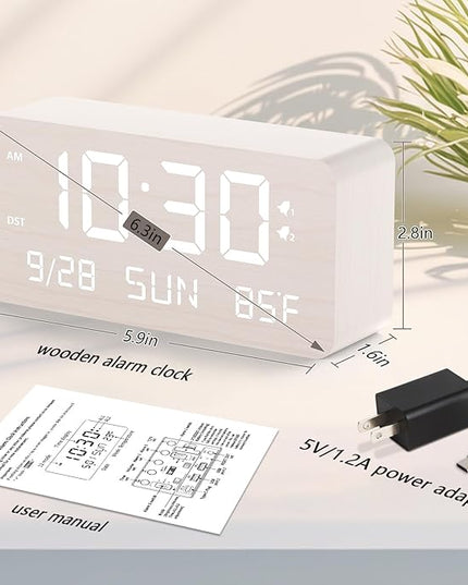 Fomobest Wooden Digital Alarm Clock for Bedroom - Desk Clock with Date, Day of Week, Temperature, Dual Alarms, Dimmer, USB Port Charge, DST, Adjustable Volume for Living Room/Office Wood Decor (White)