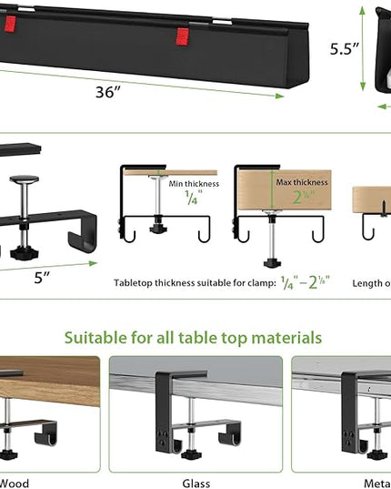 KEEGH Large 36" Under Desk Cable Management Tray - Under Desk Cord Organizer - Clamp/Screw Mount - Support Upto 70lbs - Fabric Wire Management - Gaming/PC Cable Raceways - Cord Hiders for Office/Home