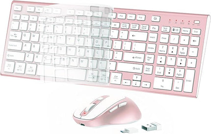 FENIFOX Wireless Keyboard and Mouse, Rechargeable USB C Combo Silent Quiet Compact Full Size Flat with Number Pad Soft Cover for Mac MacBook iMac Windows PC Laptop Computer Office - Pink & Rose Gold