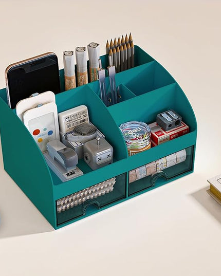 Desk Organizer with 6 Compartments and 2 Drawers, Plastic Makeup Organizer, Pen Holder for Desktop Storage, Desk Organization for School, Home, Office Supplies (Dark Green)