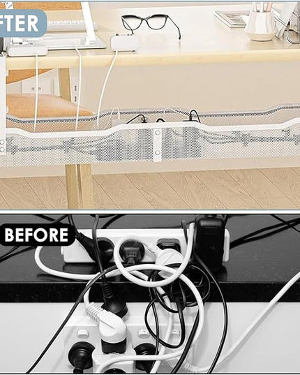 Cable Management, 25'' Cable Management Under Desk No Drill, Metal Cord Organizer with Clamp for Standing Desk, Cable Organizer for Home Office, White