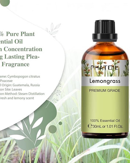 Lemongrass Essential Oil 1.01fl.oz/30ml, PHATOIL Lemongrass Oils Long Lasting Scents for Aromatherapy, Diffuser, DIY Soap and Candle Making