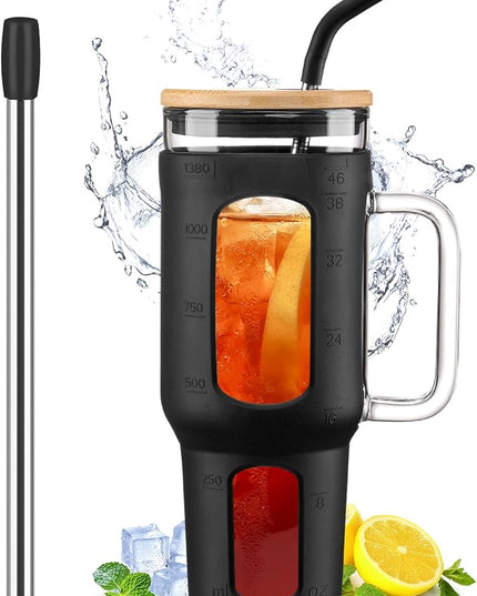 Glass Tumbler with Lid and Straw, 46 oz Iced Coffee Cup with Handle, Large Water Bottles with Silicone Sleeve, Glass Cup with Straws - Pearl Straw & Drinking Straw BPA Free-Black