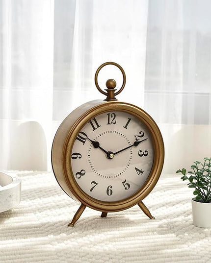 MACVAD Vintage Table Clock on Stand, Decorative Desk and Shelf Clock Farmhouse Mantel Non-Ticking Clock Rustic Metal Frame with Antique Gold Finish