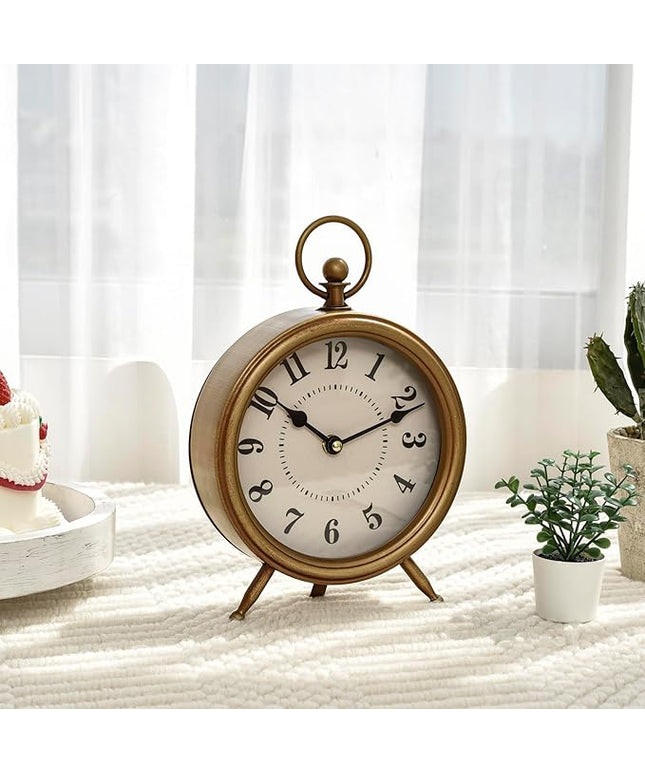 MACVAD Vintage Table Clock on Stand, Decorative Desk and Shelf Clock Farmhouse Mantel Non-Ticking Clock Rustic Metal Frame with Antique Gold Finish