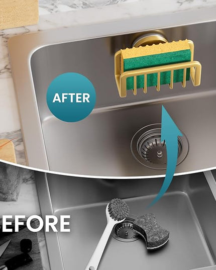 TAILI Sponge Holder for Kitchen Sink with Strong Suction Cup, Rustproof Aluminum Sink Caddy for Sponges, Removable Sponge Holder, Dish Brush for Scraper - Gold