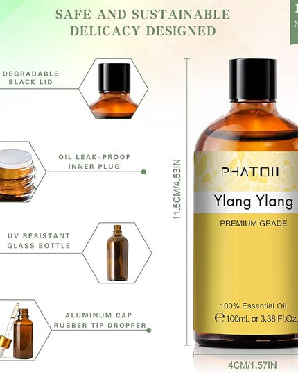 PHATOIL 100ML Ylang Ylang Essential Oil, Premium Essential Oils for Diffuser, Humidifier, 3.38fl.oz Scented Oils for Soap, Candle Making