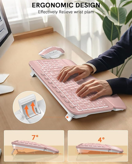 SABLUTE Ergonomic Wireless Keyboard and Mouse Combo - Wave Keyboard with Soft Leather Wrist Rest, Resistant Keys, RGB Backlit Rechargeable Set for PC/Mac/Chromebook (Black) (Pink)
