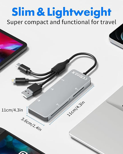 Memory Stick Pro Duo Adapter for iPhone/PC/iPad, 5 in 1 Memory Stick Pro Duo Reader for SD/TF/CF/MS/XD Card, Aluminum Portable Design XD Card Reader with Lightning/USB-C/USB-A Port