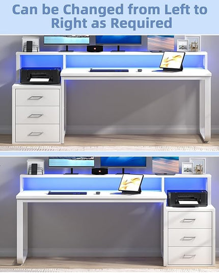 White Desk with 3 Drawers, 67 Inch Office Desk with Long Monitor Stand & Printer Shelf, Reversible Computer Desk with LED Lights for Bedroom