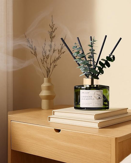 Airkeep Reed Diffuser Set with 6.76 fl oz Lavender Eucalyptus Scent Essential Oils and 3 Leaves & 8 Diffuser Sticks,Bathroom Shelf Decor & Air Freshener, House Bedroom Office Decor & Gifts