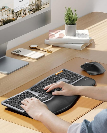 ProtoArc Ergonomic Keyboard Mouse, EKM01 Plus Full Size Wireless Bluetooth Ergo Keyboard Mouse Combo, Cushioned Palm Rest, Split Design, Rechargeable, Compatible for Windows, Mac OS - Gray and Black