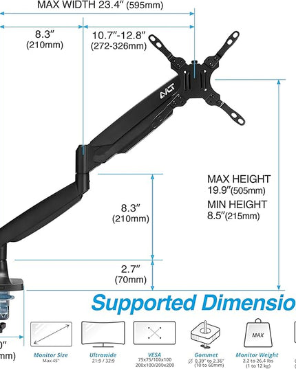 AVLT Single 17"-45" Monitor Arm Desk Mount Premium Mechanical Spring fits One Flat/Curved/Ultrawide Monitor Full Motion Height Swivel Tilt Rotation Adjustable, Black