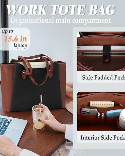 RAINSMORE Laptop Bag for Women 15.6 Inch Work Tote Bags Waterproof Computer Bags Leather Professional Laptop Purse Womens Laptop Briefcase Large Handbag for Office Teacher Travel, Black Brown White