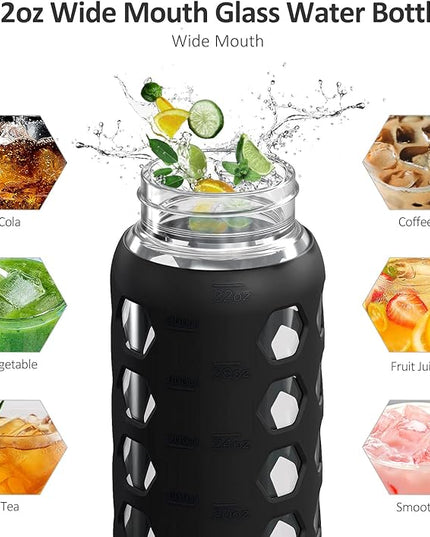 MUKOKO 32oz Glass Water Bottles with 2 Lids-Handle Spout Lid&Bamboo Straw Lid, Motivational Water Tumbler with Time Marker Reminder and Silicone Sleeve, Leakproof-Black-1 Pack
