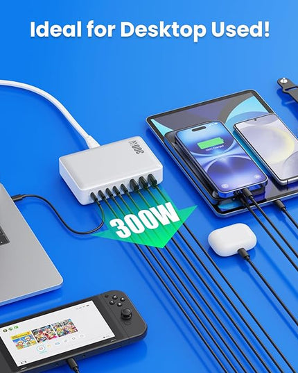 USB C Charger 300W USB C Charger Block 8-Ports GaN IV Fast Charging Station,PD 100W Laptop Charging Hub Wall Charge Adapter Compatible with MacBook/Air,DELL,Steam Desk,iPhone 16/15/14,Galaxy