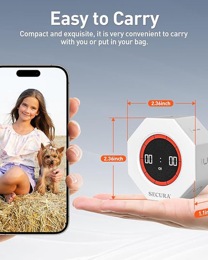 Secura Pomodoro Timer, Rotating Cube Time Tracker, Flip Gravity Sensor with 7 Presets(1/3/5/10/15/30/60 Minutes), Visual Progress Bar for ADHD, Kids, Tasks, Work, Study (White)