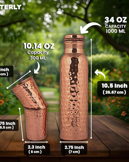 Hammered Copper Water Bottle (34 Oz /1000ml) With Set Of 2 Tumbler (10 Oz/300ml Each) | Best use for Office,Gym & gifts |100% Pure Copper Material with Leak proof Quality Made In India