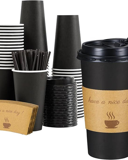 Lamosi 20 oz Disposable Coffee Cups with Lids 50 Pack, Hot Paper To Go Cups with Lids, Stir Sticks and Sleeves, for Home, Travel, Office