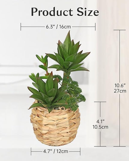 10" Large Succulents Plants Artificial in Wooden Pots, Fake Succulents in Woven Pots, Faux Succulent Artificial Plants Indoor for Home, Bedroom, Living Room, Bathroom Desk Shelf Table Decor