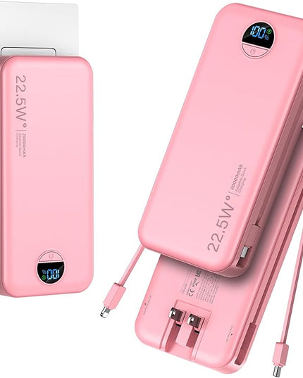 20000mAh Ultra-Portable-Charger-Power-Bank PD20W with Built in Cables&AC Wall Plug,Fast Charging Cell Phone Charger Battery Pack,LED Display Travel Battery Bank for All iPhone,Samsung,Android