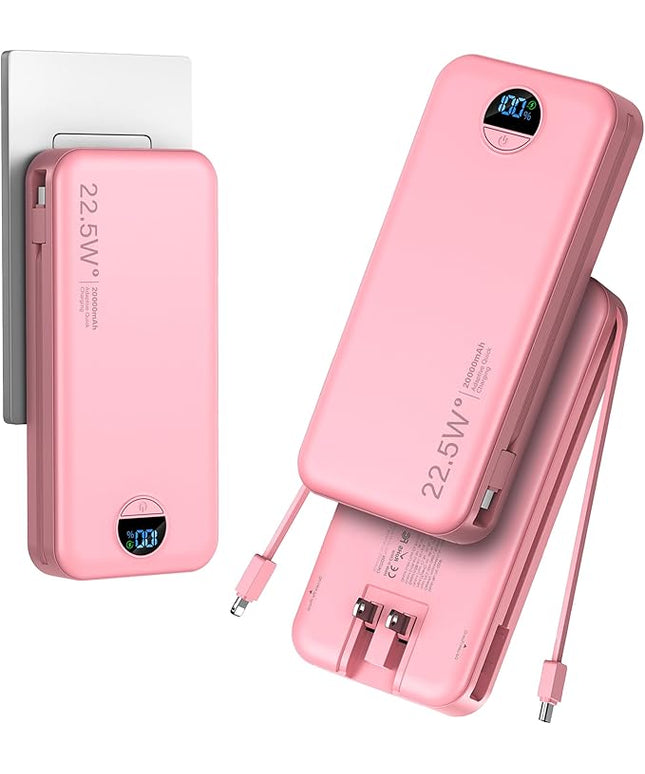 20000mAh Ultra-Portable-Charger-Power-Bank PD20W with Built in Cables&AC Wall Plug,Fast Charging Cell Phone Charger Battery Pack,LED Display Travel Battery Bank for All iPhone,Samsung,Android