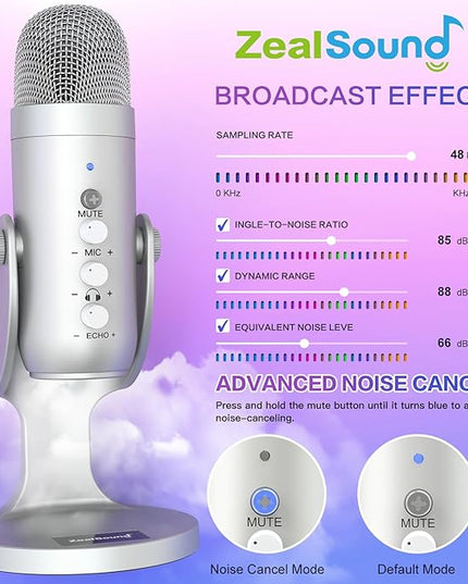 ZealSound USB Microphone,Condenser Computer PC Mic,Plug&Play Gaming Microphones for PS 4&5.Headphone Output&Volume Control,Mic Gain Control,Mute Button Vocal,YouTube Podcast on Mac&Windows(Silver)