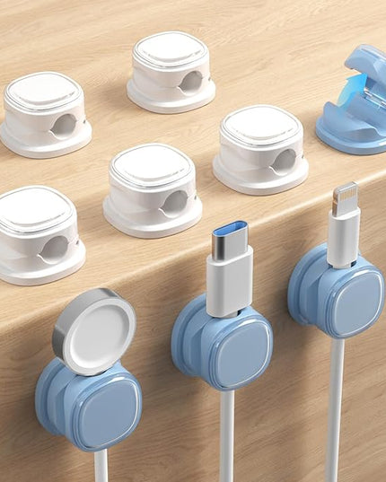 9 Pack Cord Organizer, Spring Cable Management, Adhesive Cute Cable Holder Clips, Phone Charger Wire Keeper for Desk Nightstand Car Office (9-Pack White_Blue)