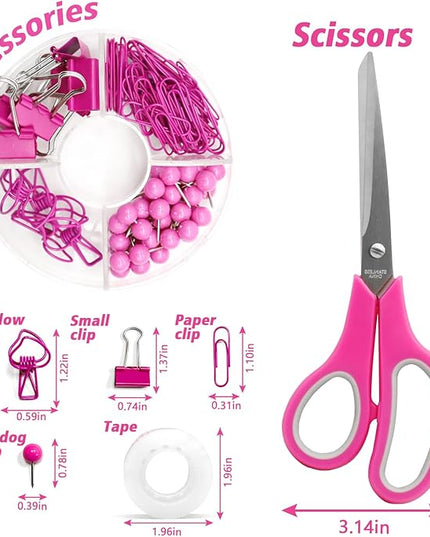 Hot Pink Office Supplies, UPIHO Hot Pink Desk Accessories, Stapler and Tape Dispenser Set for Women with Stapler, Tape Dispenser, Staple Remover, Staples, Clips, Scissor and Sticky Notes for Students