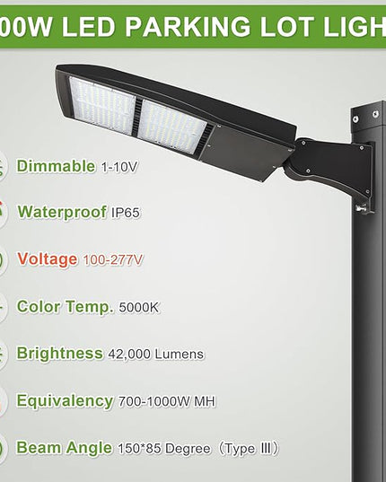 300W LED Parking Lot Lights, 20KV Surge Protection LED Shoebox Lights with Direct Arms Mount, 5000K 1000W MH/HPS Equiv. 40,500-42,000LM, DLC Premium UL cUL AC 100-277V