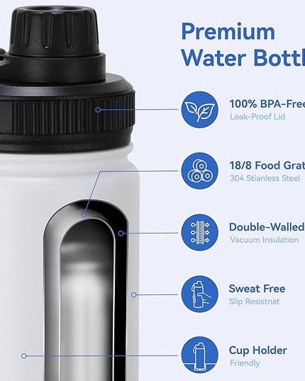 DOMICARE 16 oz Kids Water Bottle for School Stainless Steel Double Wall Vacuum Insulated Water Bottle with Straw lids & Spout Lid, Leakproof BPA Free (White,4)
