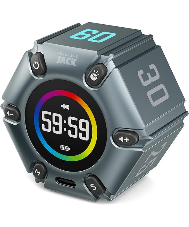 Printers Jack Timer, Visual Pomodoro Timer, Productivity Cube Mute & Vibration & Adjustable Sound Alert, for Office, ADHD, Study, Work, 3/5/10/25/30/60min & Custom Countdown - Iron Gray