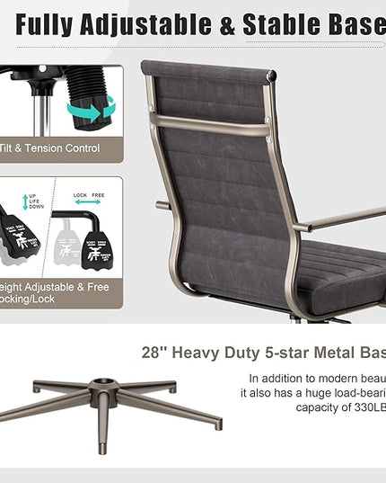Okeysen Leather Office Desk Chair, Ergonomic Mid Century Modern Conference Room Chairs, Executive Ribbed Height Adjustable Swivel Rolling Chair for Home Office.