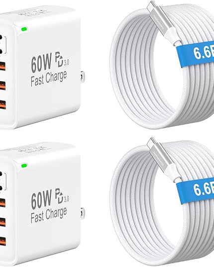 2Pack USB C Fast Charger Block, 60W 5-Port USB C Wall Charger with 6.6FT USBC to USBC Cord, 2USB C+3USB A PPS/PD 3.0 Multiport Charging Cube for iPhone 17 16 15 Pro Max,for Galaxy S25 S24 Ultra,i Pad