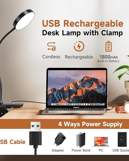 Mubarek Clip on Lamp,5 Brightness+5 Color Clip on Light,200LM 36 LED Reading Lights for Books in Bed,1800mAh Battery Powered Lamp Battery Operated Lights,Rechargeable Desk Lamp with Clamp Light