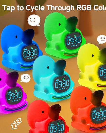 Alarm Clock for Kids with Night Light, Sleep Training Clock Time to Wake Clock, Rechargeable Silicone Light for Bedroom, Perfect Sleep Companion for Boys Girls，Blue Elephant
