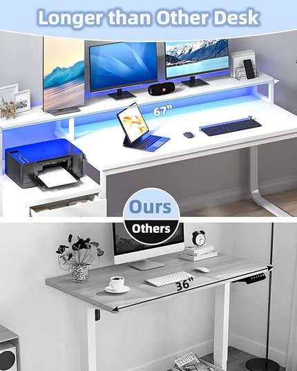 White Desk with 3 Drawers, 67 Inch Office Desk with Long Monitor Stand & Printer Shelf, Reversible Computer Desk with LED Lights for Bedroom