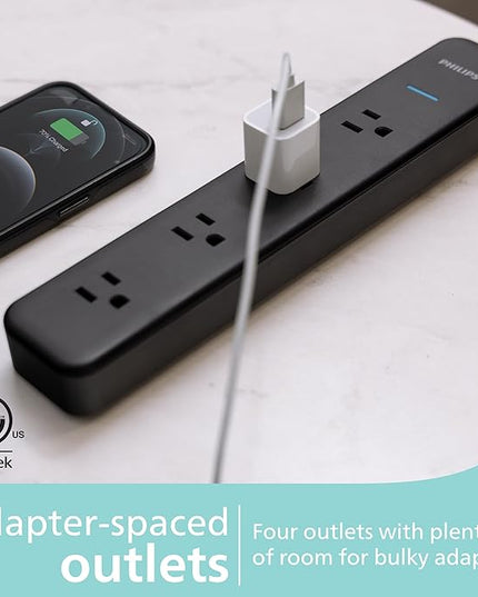 PHILIPS 4-Outlet Surge Protector Power Strip, 450J, Adapter-Spaced, 4ft Braided Cord, Outlet Extender, Extension Cord, for Home School or Office, Black, SPP3503B/37
