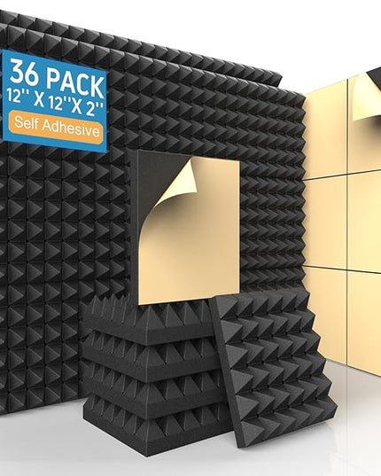 36 Pack Self-Adhesive Acoustic Foam Panels, 12 x 12 x 2 Inches High Density Pyramid Sound Proof Foam Panels for Walls, Fire Resistant Soundproof Wall Panels for Home Office & Studio (Black)