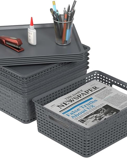 Zopnny 6-Pack Plastic Lidded Storage Shelf Basket, Stackable Organizer Baskets with Lid for Desktop, Pantry, Closet, Office (Grey)