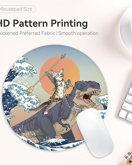 Cat and Dinosaur Round Mouse Pad,Funny Small Mouse Pad with Non-Slip Rubber Base,Mouse Mat,Home Office Decor Desk Accessories,8.7inch Round Mouse Pad