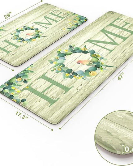 KIMODE Anti Fatigue Kitchen Mats for Floor 2 Piece,Farmhouse Spring Rugs Non Slip,Cushioned Memory Foam Carpet for Sink Laundry Office Bathroom,Green 17"x47"+17"x29"