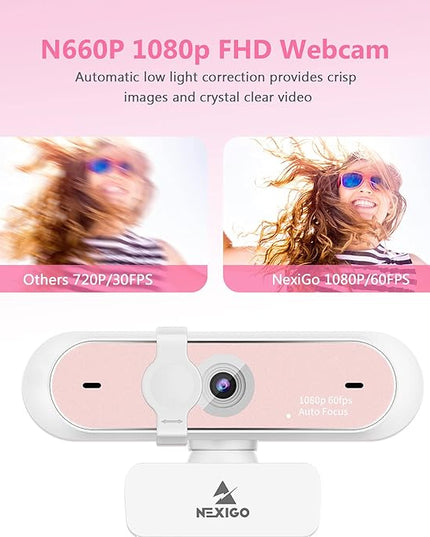 NexiGo N660P 1080P 60FPS Webcam with Software Control, Dual Microphone & Cover, Autofocus, HD USB Computer Web Camera, for OBS/Zoom/Skype/FaceTime/Teams/Twitch, Pink