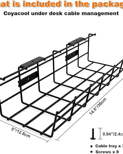 Under Desk Cable Management- 6 Pack Cord Organizer. Metal Wire Cable Management Tray for Office, Studio and Home. Super Sturdy Under Table Cable Managements - Black Cable Organizer