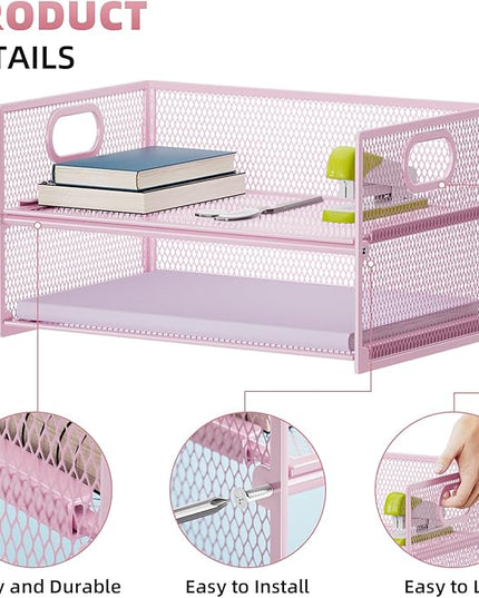 Marbrasse 2 Tier Paper Organizer Letter Tray, Mesh File Organizer with Handle, Paper Sorter Desk Organizer for Home Office Supplies - 2P Pink