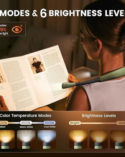 Glocusent Book Light, 3-Color & 6-Brightness Reading Light, Bendable Neck Light, 80-hr Lasting Rechargeable Book Light, Perfect Reading Lights for Books in Bed, Knitting, Repairing, Book Lovers Gifts