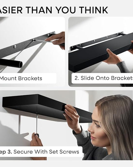 Homeforia Black Floating Shelves 30 inches Long, High End Solid Real Wood 30 inch Floating Shelf for Wall Mounted, Black Wooden 30in Floating Shelves, Heavy Duty Bracket, 30 X 6.5 X 1.75 in, Set of 3