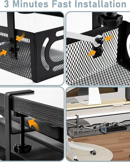 Cable Management, 25'' Cable Management Under Desk No Drill, Metal Cord Organizer with Clamp for Standing Desk, Cable Organizer for Home Office, Black